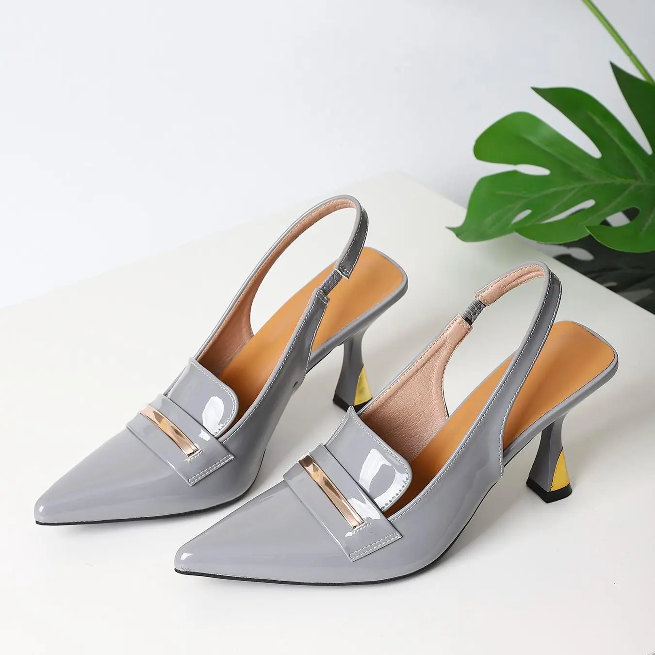 Women's High Heels, Stylish Pointed Toe Slingback Pumps in Shiny Gray Patent Leather with Gold Accent for Office Wear
