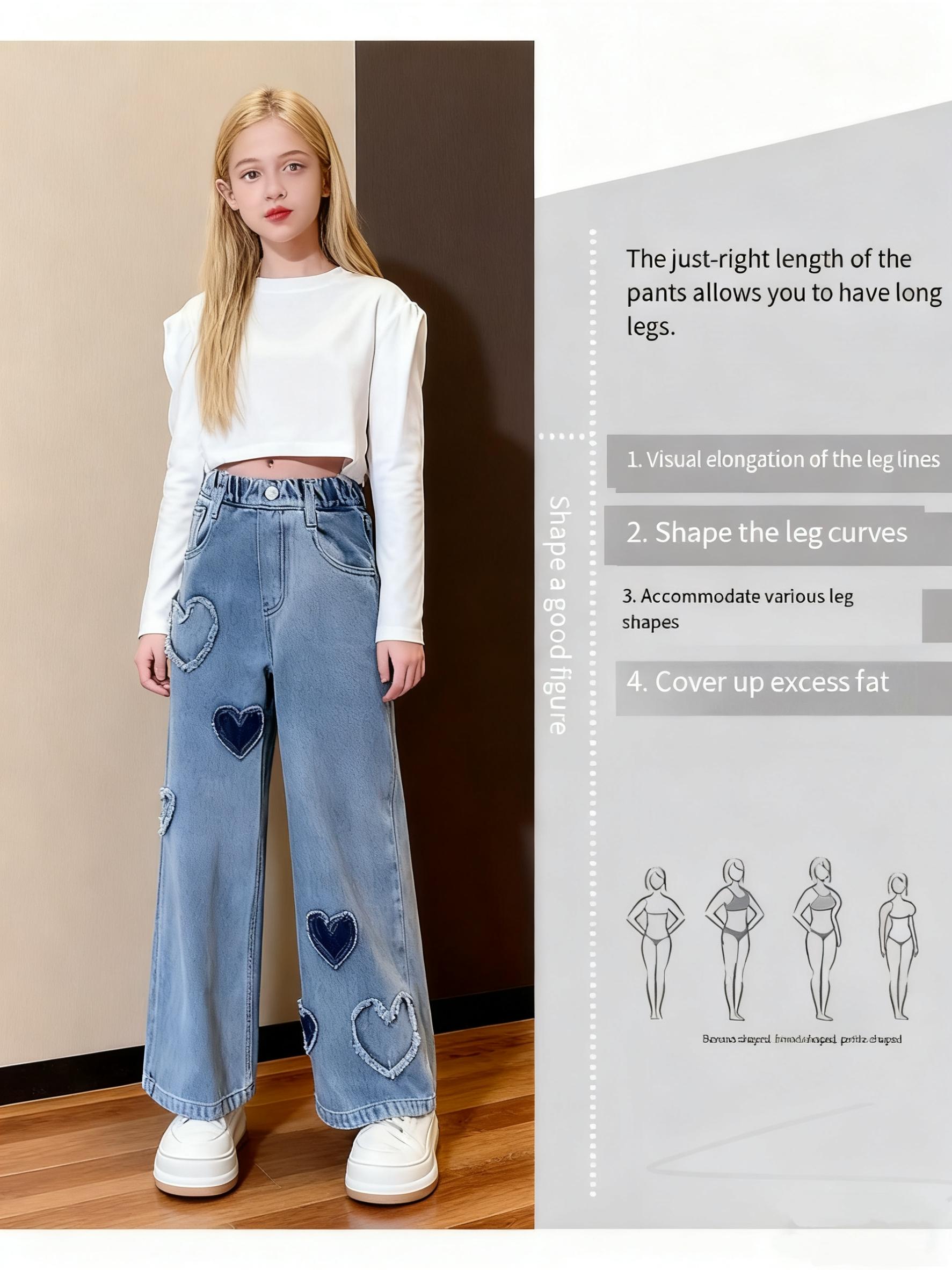 Girls' Jeans Spring and Autumn New Loose Casual Straight Leg Wide Leg Jeans with Heart Love Patch Design