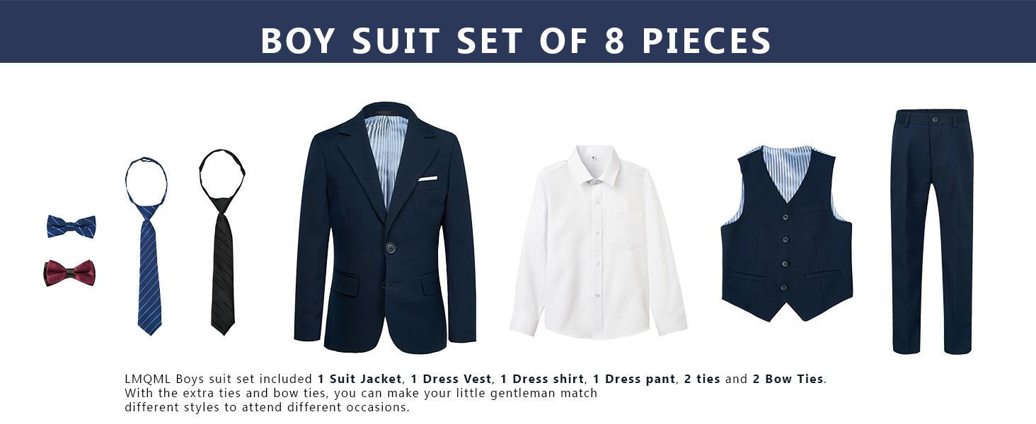 8 Piece Boys Suit Set-Size 2 to Size 20, Formal Slim Fit Boys Suit, Gift for Boys, Toddler, Teenage, Kid, Young Adult, Wedding, Graduation, Churches
