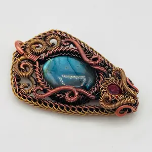 Handmade Blue Labradorite Wire Wrapped Pendant – Copper & Brass Medallion
