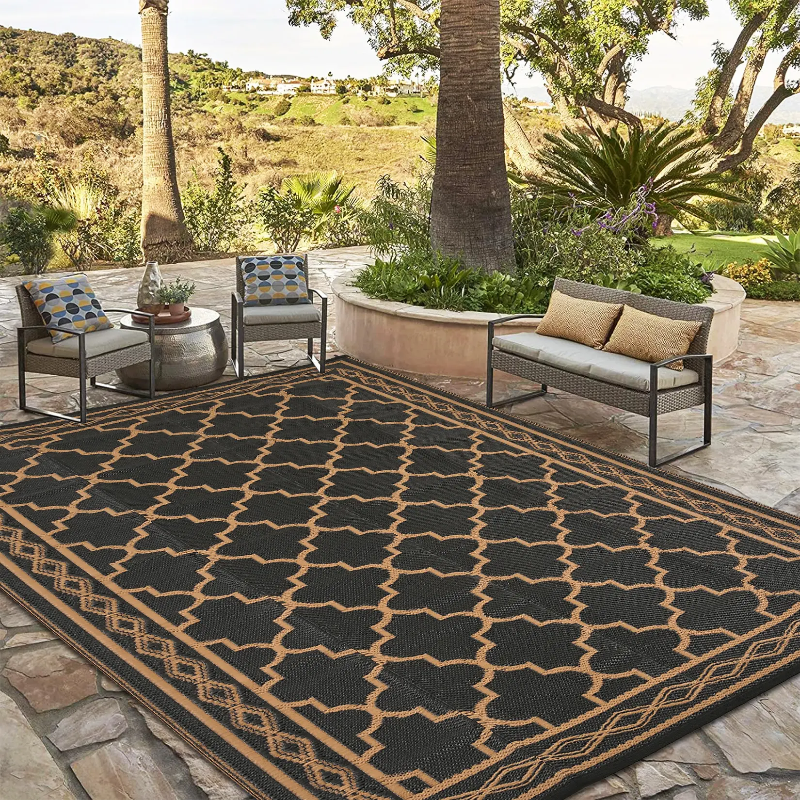Waterproof Plastic Straw Indoor-Outdoor Rug, Foldable Modern Runner Rug, Double-Sided Reversible Eco-Friendly Durable Easy-to-Clean Portable for RV, Balcony, Garden, Foldable Rug