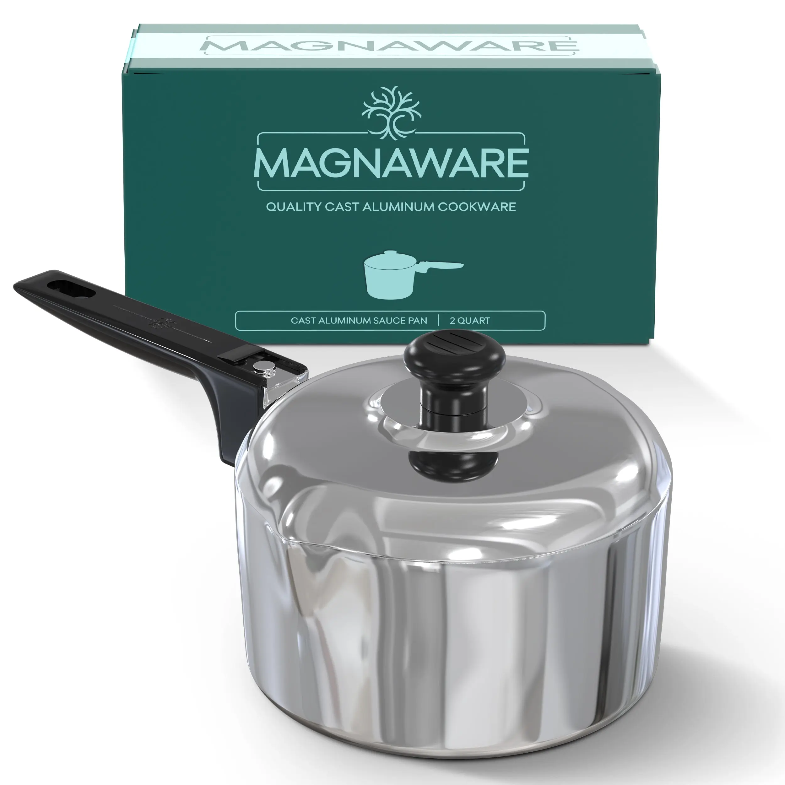 MAGNAWARE Cast Aluminum Sauce Pan with Lid, Polished Silver Cookware for Even Heat Distribution & Moisture Retention