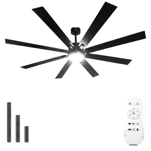 72-inch Industrial Smart Ceiling Fan with Light & Remote Control via WIFI Alexa, 8 Black Plywood Blades, 6 Speed Noiseless DC Motor, Indoor Outdoor Fan for Patio Garage