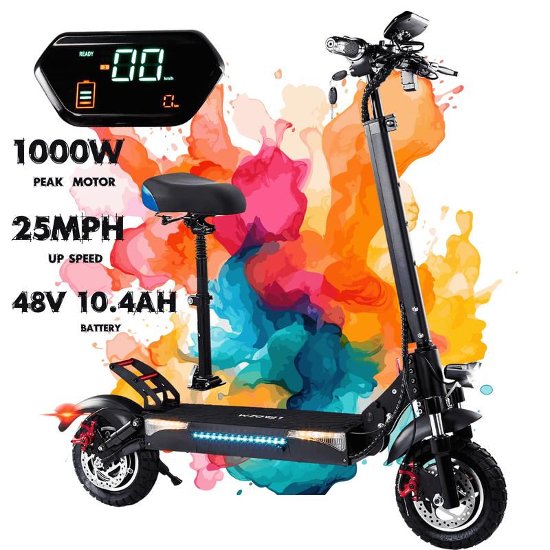 48V 1000W Peak Electric Scooter with/without Seat for Adult, Up to 25MPH Foldable Escooter, 10" Off Road Tire E-Scooter