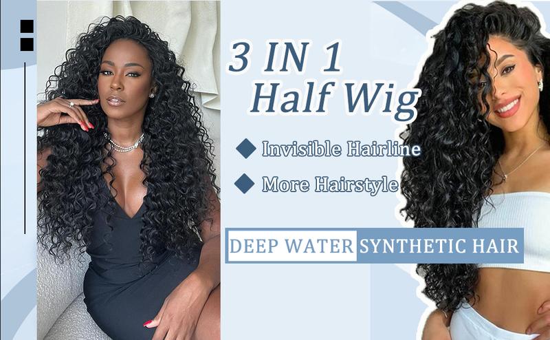 VOSILK Water Wave Half Wig 3 in 1 Drawstring Seamless Flip Over With Adjustable String Invisible Hairline Headband Wig Beginner Friendly Glueless Wig for Women