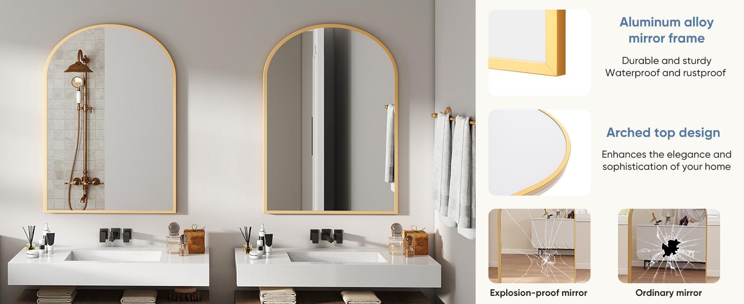 Arched Gold Bathroom Mirror Wall Mounted Vanity Metal Frame Mirror for Bedroom, Entryway, Living Room
