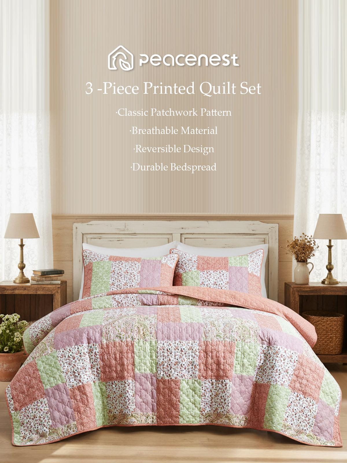 PEACE NEST 3-Piece Reversible Boho Printed Coverlets Set Bedspreads Quilts Bedding Set with 2 Pillow Shams for King/Queen/Twin sizes(1 Pillow Sham for Twin size)Soft