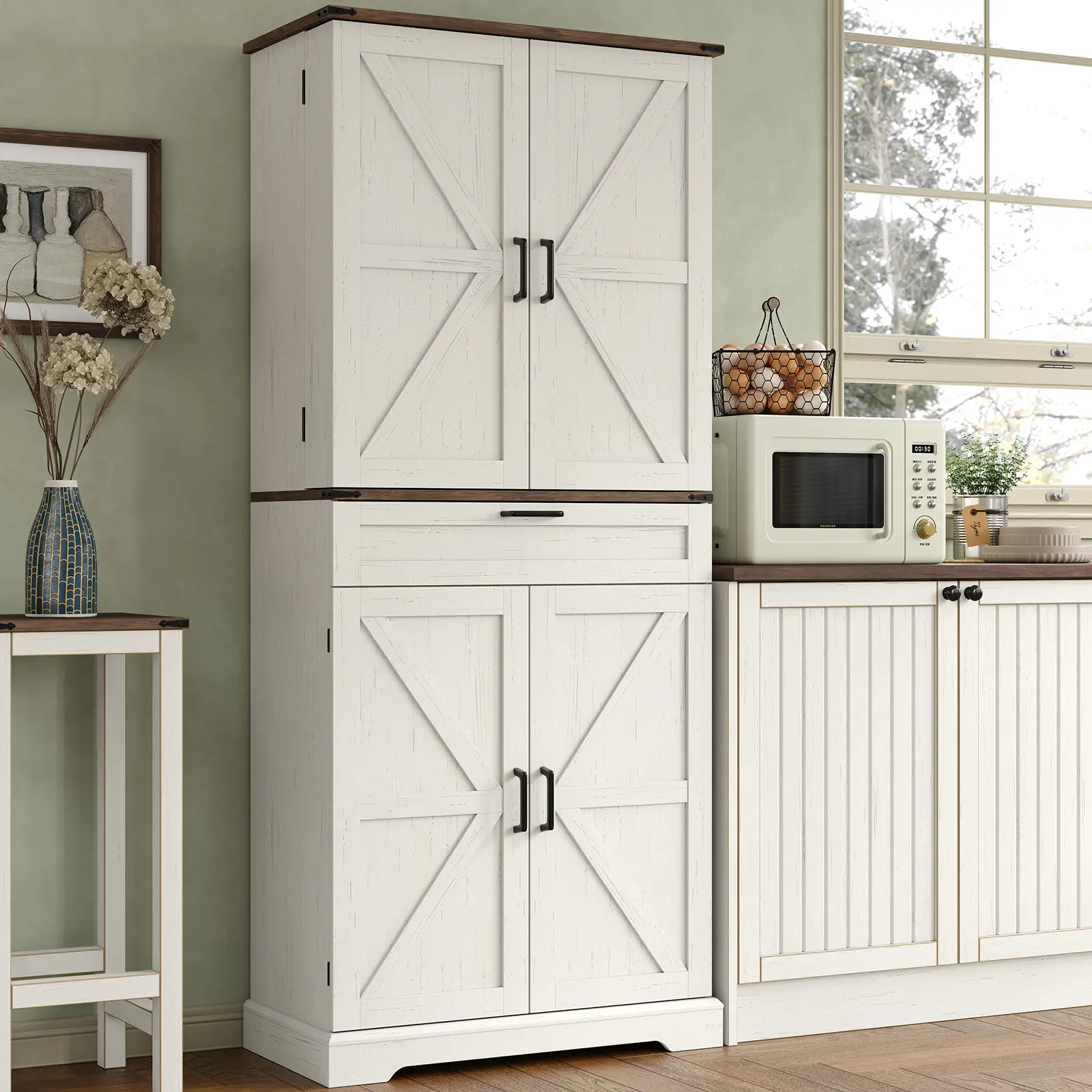 FUSOU 72'' Kitchen Storage Pantry Cabinet, Tall Storage Cabinet with 8 Door Shelves, 2 Cabinets and 1 Drawer, Freestanding Cupboard for Kitchen, Dining Room, Bathroom, Laundry, White,dorm essentials,home decor