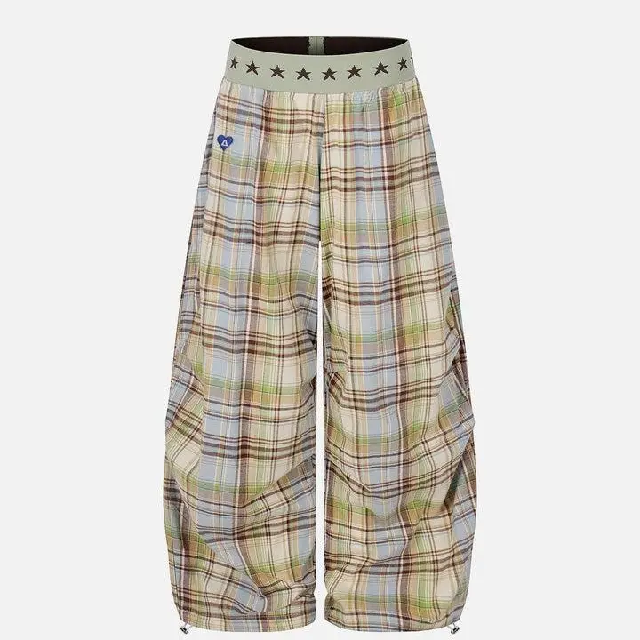 Aelfric Eden Star Waist Plaid Baggy Barrel Pants High Waist Balloon Barrel Silhouette Star Print Waistband Fresh Plaid Fabric Adjustable Ankle Drawstring Retro Streetwear Unisex Bottoms,clothes for back to school,first day of school outfits