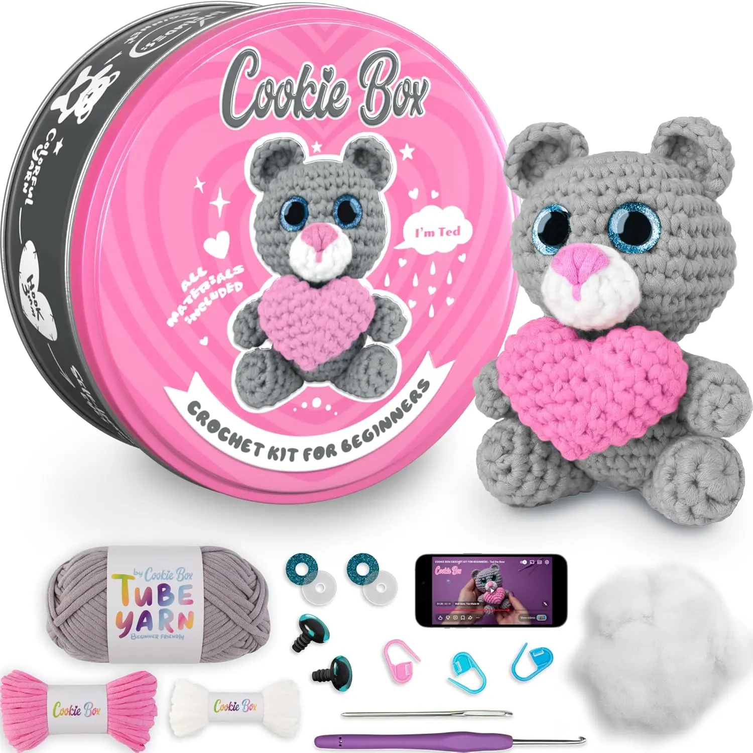 Cookie Box Crochet Kit for Beginners, Bear Ted | All Materials Included, Step-by-Step Video Tutorials, PDF Patterns, Easy DIY Craft, Amigurumi and Knitting Gift Set