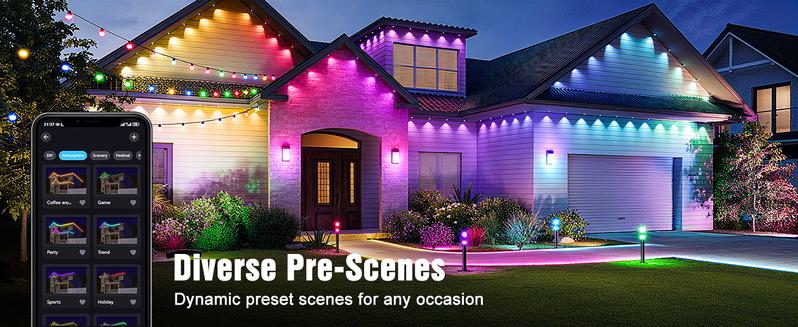 Smart RGB Permanent Outdoor Lights for House 100FT/200FT RGB+IC Eave Lights with DIY Color IP67 Waterproof App & Remote Control 72 Scene Modes for Christmas Holiday & Daily Decor