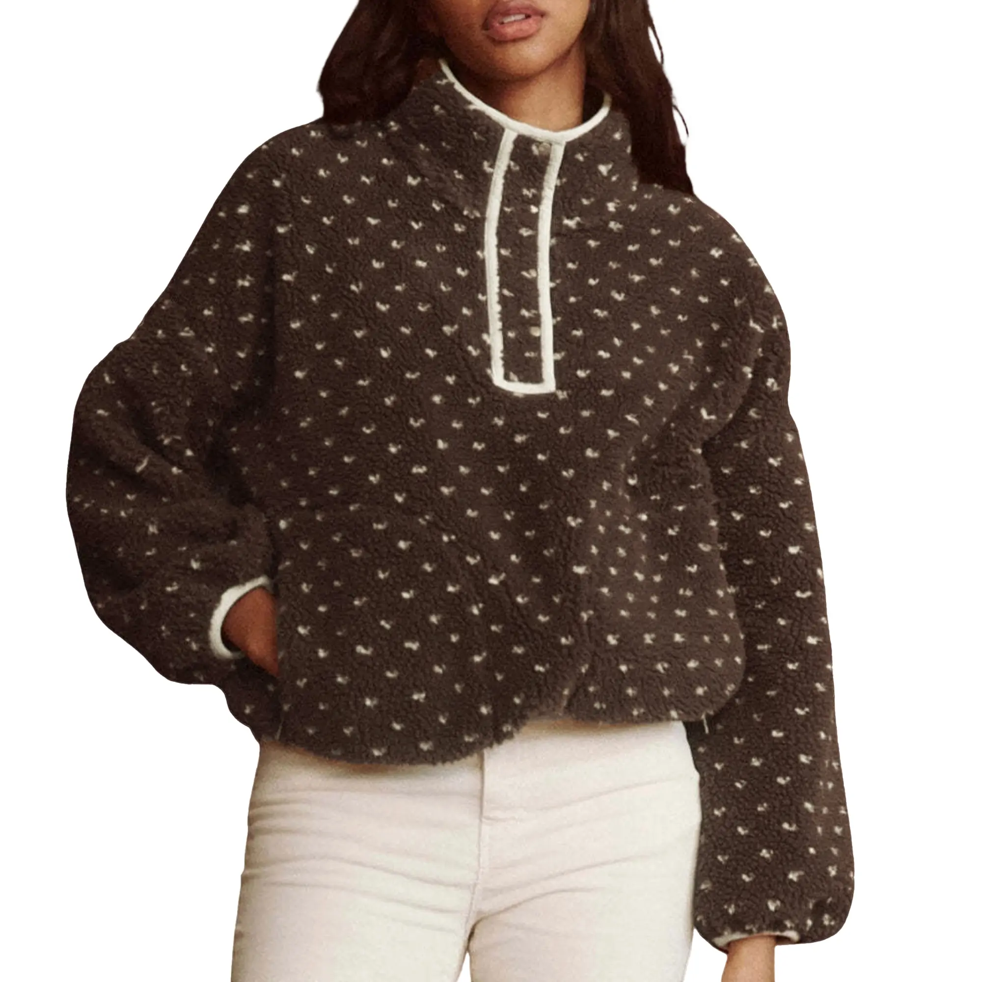 Hixiaohe Women's Cropped High-Neck Fluffy Sherpa Fleece Hoodie - Warm Casual Jacket with Pockets, Metal Snaps, Cozy Fleece Hug, Fluff-Up Softness, Easy Layer for School Days Winter Outerwear