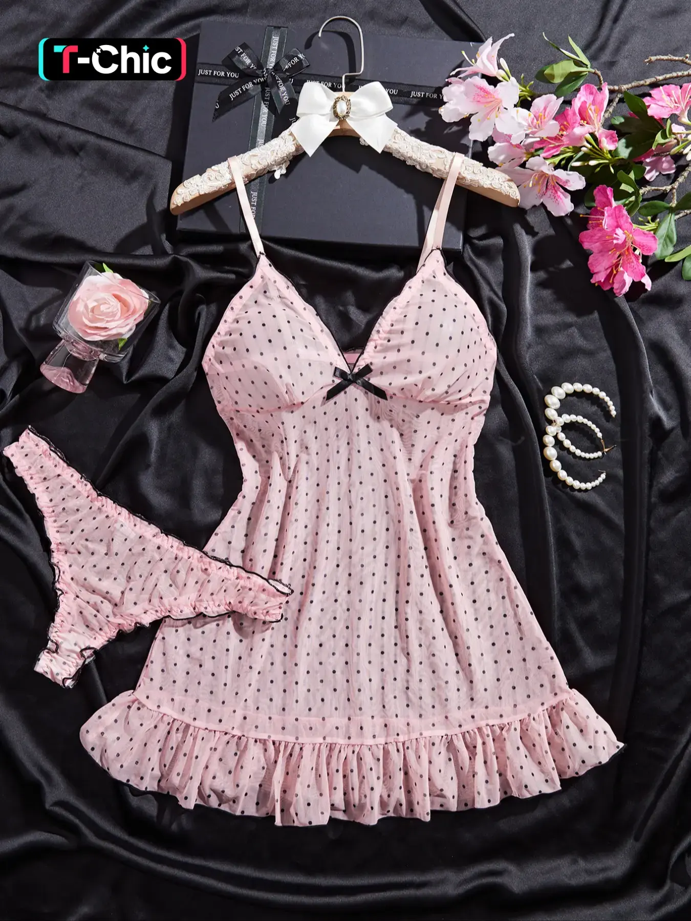Women's Polka Dot Sheer Mesh Sleepwear Set, Elegant Cute Ruffle Hem Bow Front Nightgown and Panty, Comfortable All-Season Pajamas, Loungewear, Aesthetic