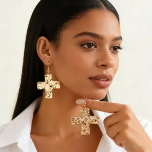 Golden hammer-shaped pendant drop earrings designed in a drooping style Suitable for women to wear Fashionable large-sized cross hook earrings. Elegant and retro faith chain jewelry cross pendant earrings suitable for wearing during baptism