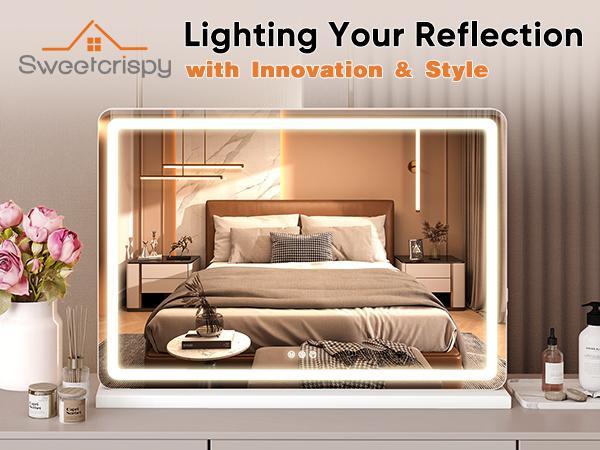 Vanity Mirror with Lights, LED Makeup Mirror with Dimmable 3 Color Modes, Touch Screen Control Vanity Based Mirror Desk Mirror Square White