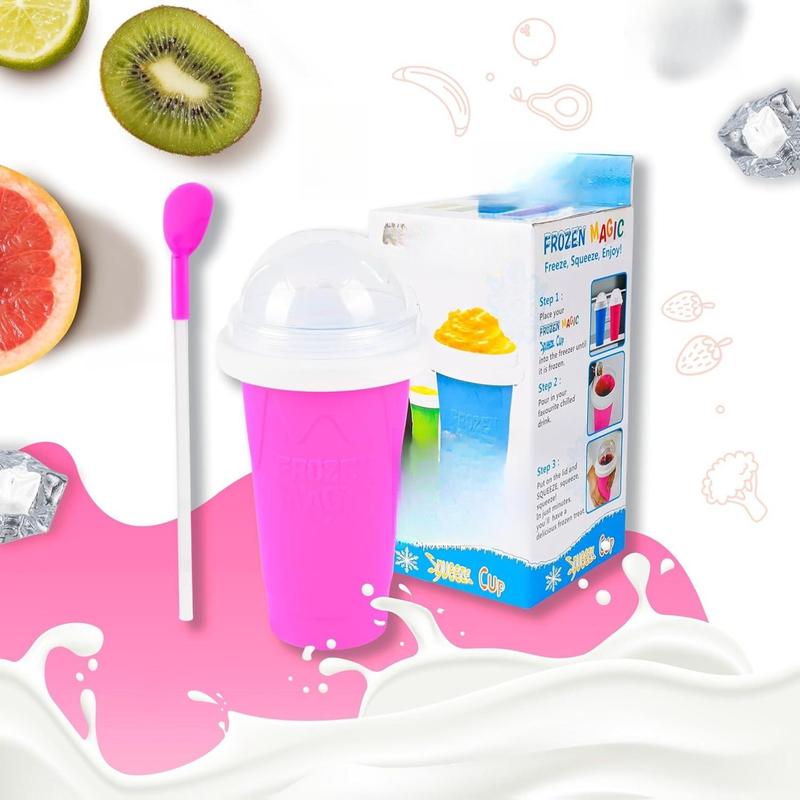 Slushy Cup & Slushy Maker Portable Smoothie Slushie Squeeze Cup for Juices, Milk and Ice Cream Make, Double Layers Silica with Lid & Straw for Kids, Friends & Family (PINK, STANDARD SIZE)