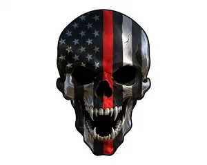 Thin Red Line Firefighter Skull USA American Flag Vinyl Sticker Decal for Cars Trucks Windows Bumpers
