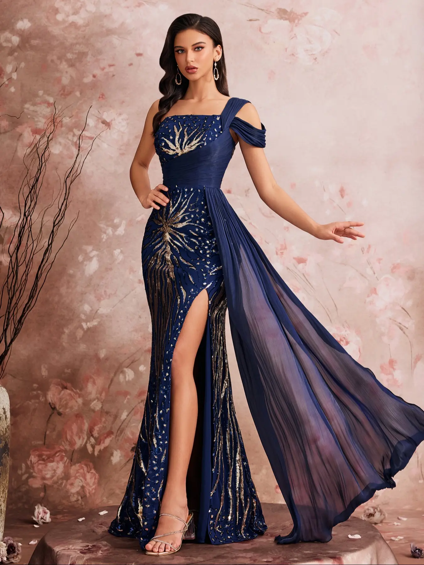 Elegant Statement Long Sleeveless Formal Evening Dress for Women, Asymmetrical Shoulder Design, Embellished with Sequins and Lace, Perfect for Parties and Weddings, Elegant Party Wear