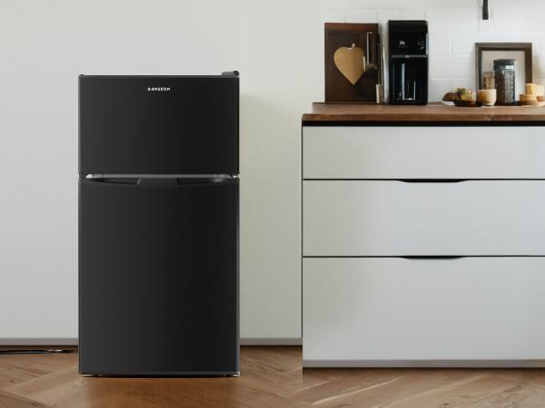 BANGSON 3.2 Cu.Ft Mini Fridge, Double Door Small Refrigerator with Freezer, Adjustable Thermostat, Energy-Efficient, Compact Refrigerator, Quiet Operation, LED Interior Light, Household Appliances