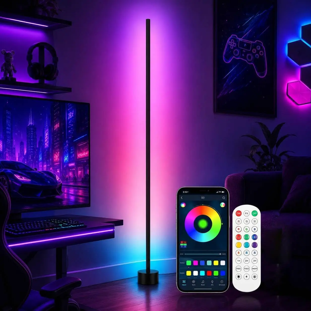 ISUNMEA RGB Corner Floor Lamp, 16 Million Colors LED Ambient Light with Music Sync, App and Remote Control, Color Changing Standing Lamp for Gaming Room, Bedroom and Living Room