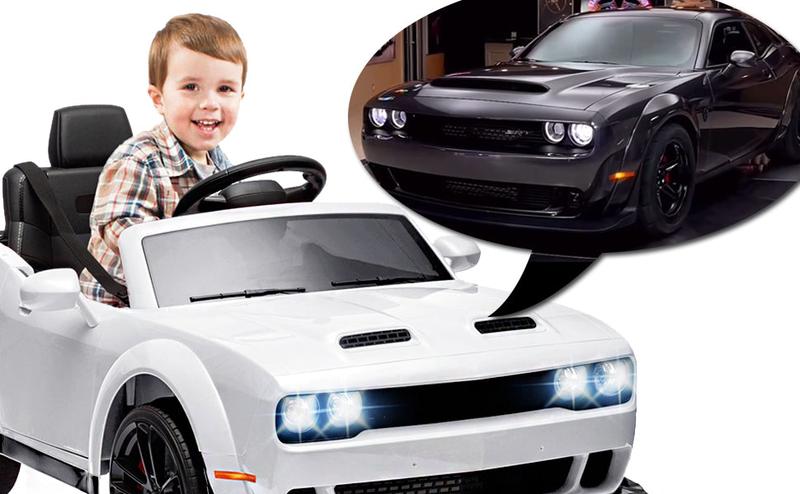 【GARVEE】Licensed Dodge Challenger 12V Electric Ride-On Car with Remote Control, LED Lights, Bluetooth, MP3, Battery Display, Volume Control - Multiple Colors Including White, Black, Red, Pink, Police, and Blue