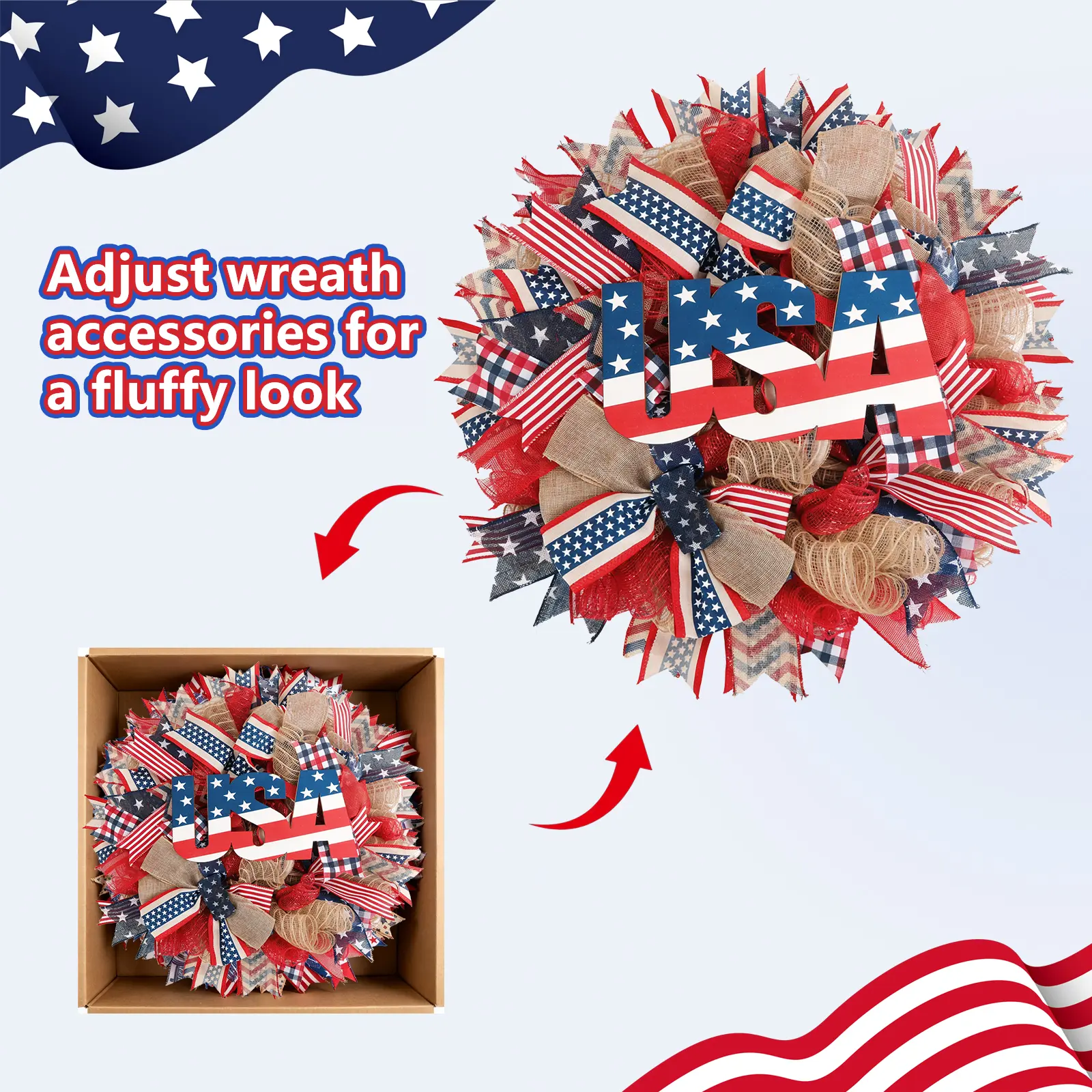 24-Inch Independence Day Wreath, Stars & Stripes Design, Patriotic Home Decor Ornament, Festive Indoor/Outdoor Decoration for Home, Great Gift for Neighbors