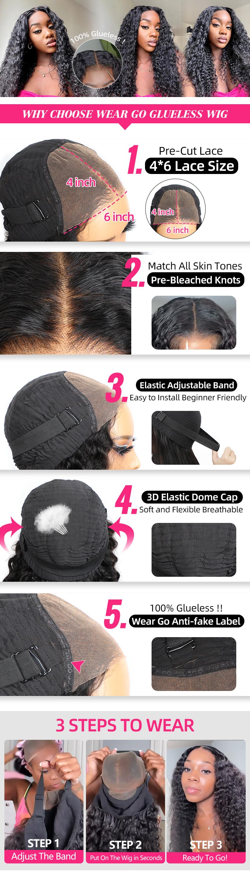 MORE FACE Wear And Go Glueless Wigs Water Wave Pre Cut 4*6 HD  Lace Closure Wig Human Hair Pre Bleached Beginner Friendly