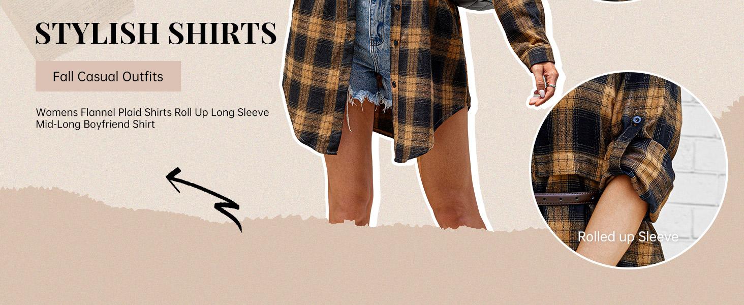 Women's Plaid Shirt Casual Long Sleeve V-Neck Button-Up Oversize Loose Fit Tunika S-XXL for Autumn Winter