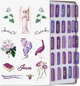 Purple Bible Tabs with Stickers, Laminated Gold Foil Large Print Bible Tabs for Women Men Kids, Bible Study Supplies, Bible Book Tabs and Stickers Designed for Bible (Hyacinth Purple)