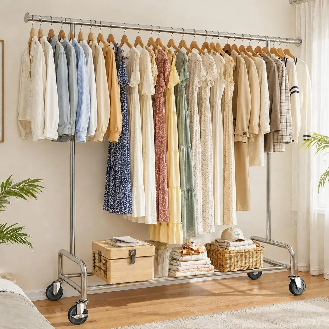 Raybee  75" Extendable & Height Adjustable Clothes Rack for Hanging Clothes with Lockable Wheels ,Heavy Duty Coat Rack,Clothing Racks Holds Up to 440LBS, Portable Rolling Garment Rack with 4 Hooks for  Bedroom, Laundry Room, Commercial, Chrome