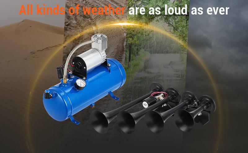 【GARVEE】4 Trumpets Train Horns Kit with 150DB Sound, Available with 1 or 1.6 Gallon Tank, 120-150 PSI Air Compressor, 12V Power for Trucks, Cars, Motorcycles, SUVs, RVs, Vans, Boats, and More 【GARVEE】4 Trumpets Train Horns Kit with 150DB Sound, Available with 1 or 1.6 Gallon Tank, 120-150 PSI Air Compressor, 12V Power for Trucks, Cars, Motorcycles, SUVs, RVs, Vans, Boats, and More