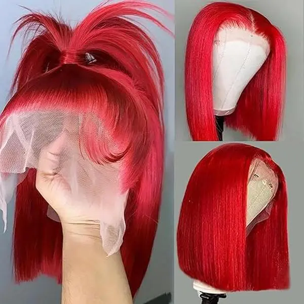 Double Drawn Hot Red Straight Short Bob Wigs Human Hair For Women 13x4 Lace Front Wig Pre Plucked Red Bob Wigs 10 12 14 Inches