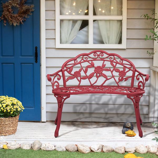 Outdoor Cast Aluminum Patio Bench for Garden Porch Antique Rose Vintage Style Weather Resistant Durable Red Finish