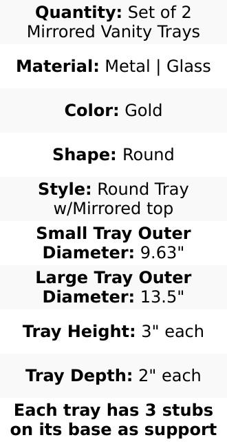 Set of 2 Metal Serving Trays 13", 9" Round Gold with Mirrored Top - Classy Decorative Vanity Tray Centerpiece