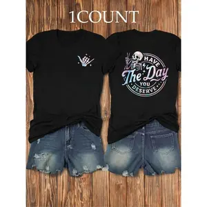 Women's Skeleton & Letter Print Round Neck Tee, Fashion Casual Crew Neck Short Sleeve T-shirt for Daily Holiday Vacation Outdoor Wear, Ladies Clothes for Summer, Summer Tops, Womenswear, Graphic Tees Women, Tshirt