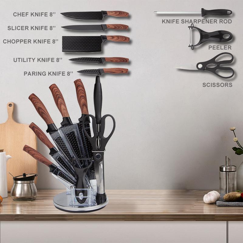 9-Piece Kitchen Knife Set - Black Chef Knife Set with Sharp Blades, Non-Stick Stainless Steel Cooking Knives Set, Ergonomic Wood Grain Handle, Aesthetic Kitchen Knives,Meat Knife Block