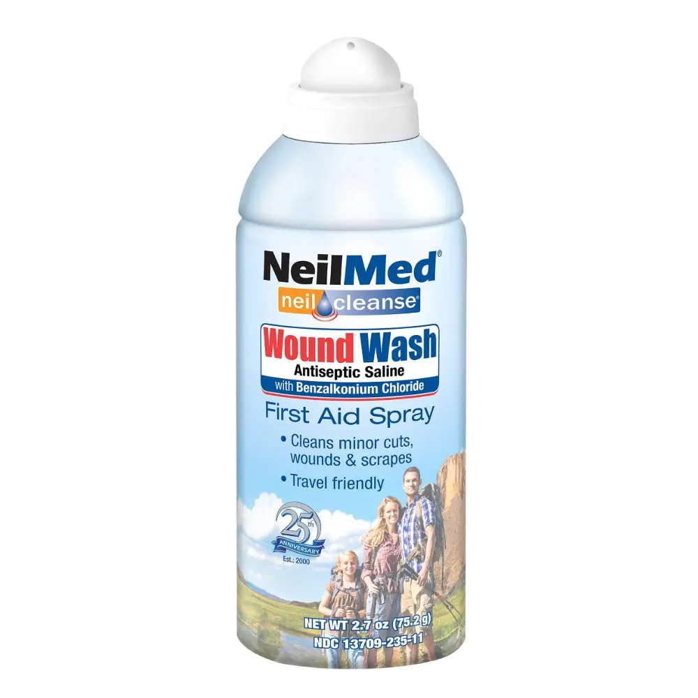 NeilMed Neilcleanse WoundWash Antiseptic Saline Spray with Benzalkonium Chloride – First Aid Wound Cleanser, Sprays at Any Angle, 75mL