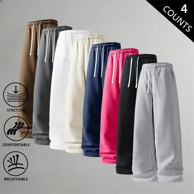 4-Pack Men’s Drawstring Sweatpants, Loose Wide-Leg Casual Joggers, Stretch, Breathable, Comfortable Streetwear Pants, Everyday Workout Athletic Sweatpants for Outdoor Sports