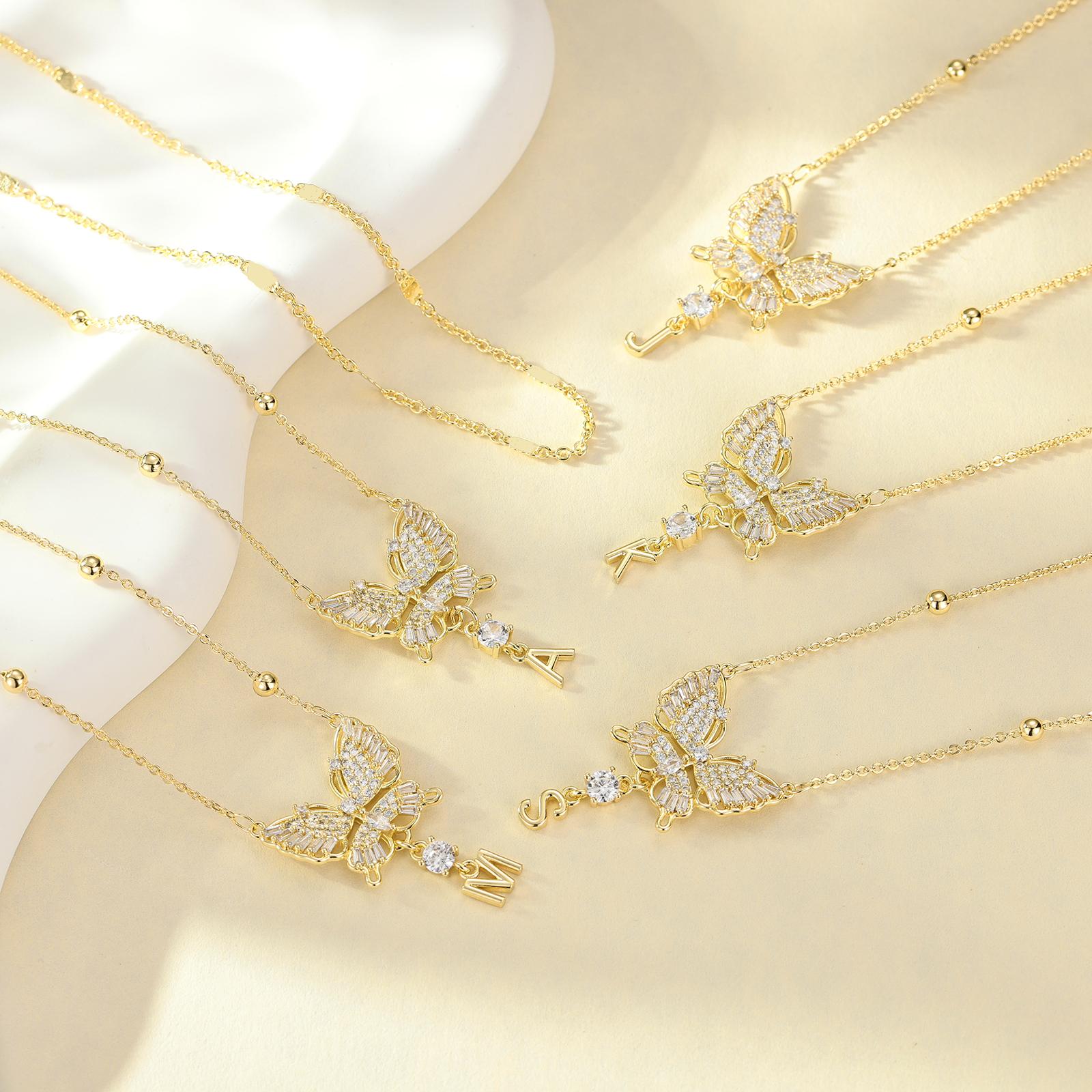 MEIITRUE Butterfly Initial Necklace for Women 14K Gold Plated 5A CZ Pendant Layered Necklace with Adjustable 18in + 2in Extender Hypoallergenic & Skin-Friendly