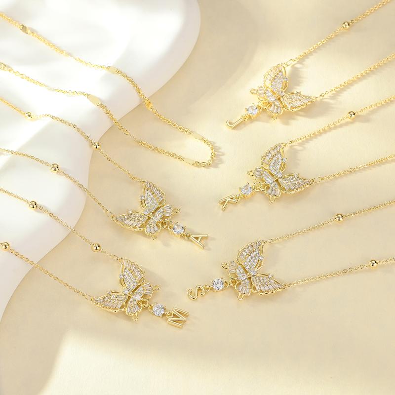 MEIITRUE Butterfly Initial Necklace for Women 14K Gold Plated 5A CZ Pendant Layered Necklace with Adjustable 18in + 2in Extender Hypoallergenic & Skin-Friendly