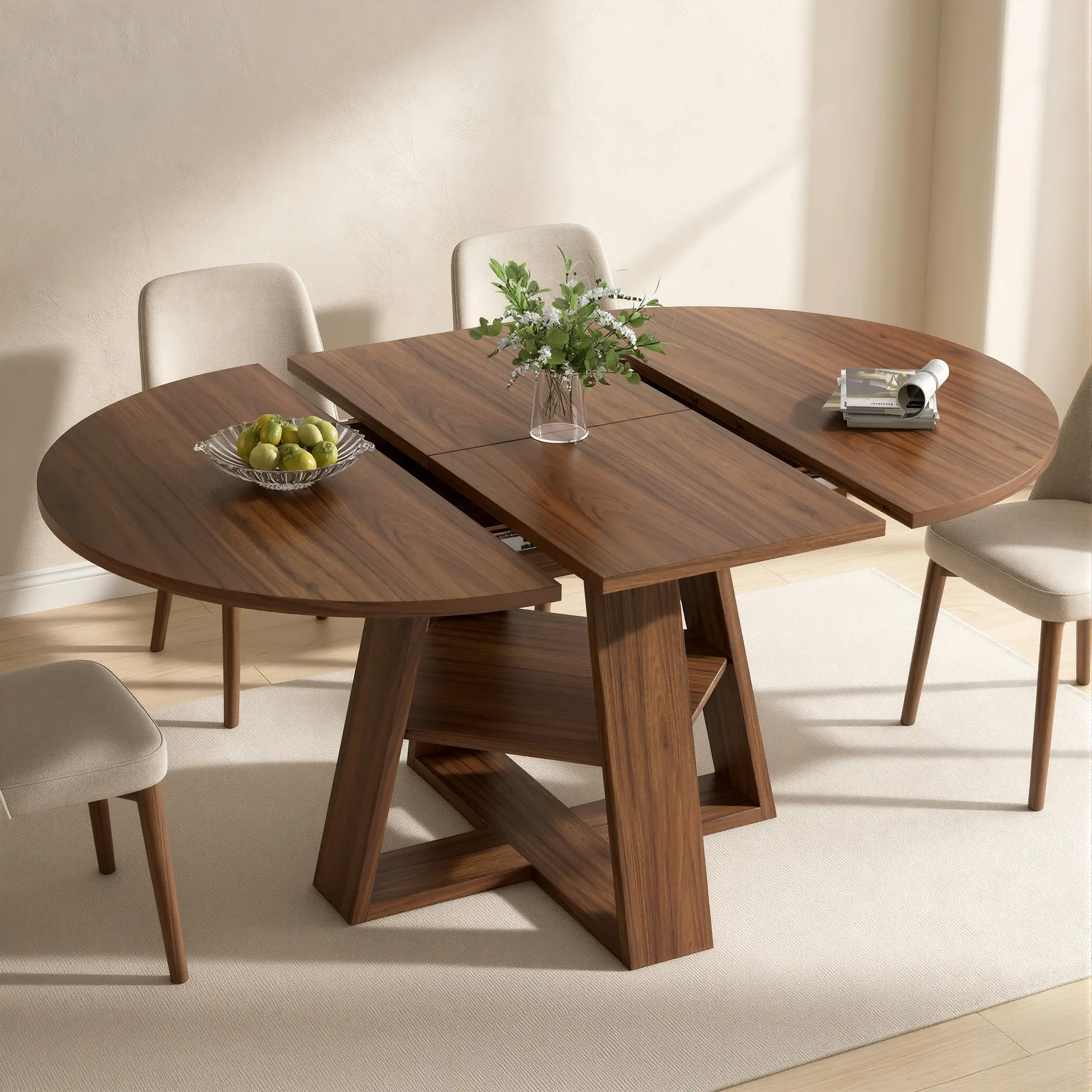 43.3‑59 in Round Extendable Dining Table for 4-6, Modern Oval Dining Table with Removable Leaf and Pedestal Base, Expandable Kitchen Table for Dining Room, Apartment