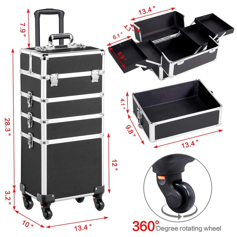 Professional 4-in-1 Rolling Makeup Train Case with Removable Wheels, Large Aluminum Cosmetic Trolley Organizer for Travel and Storage