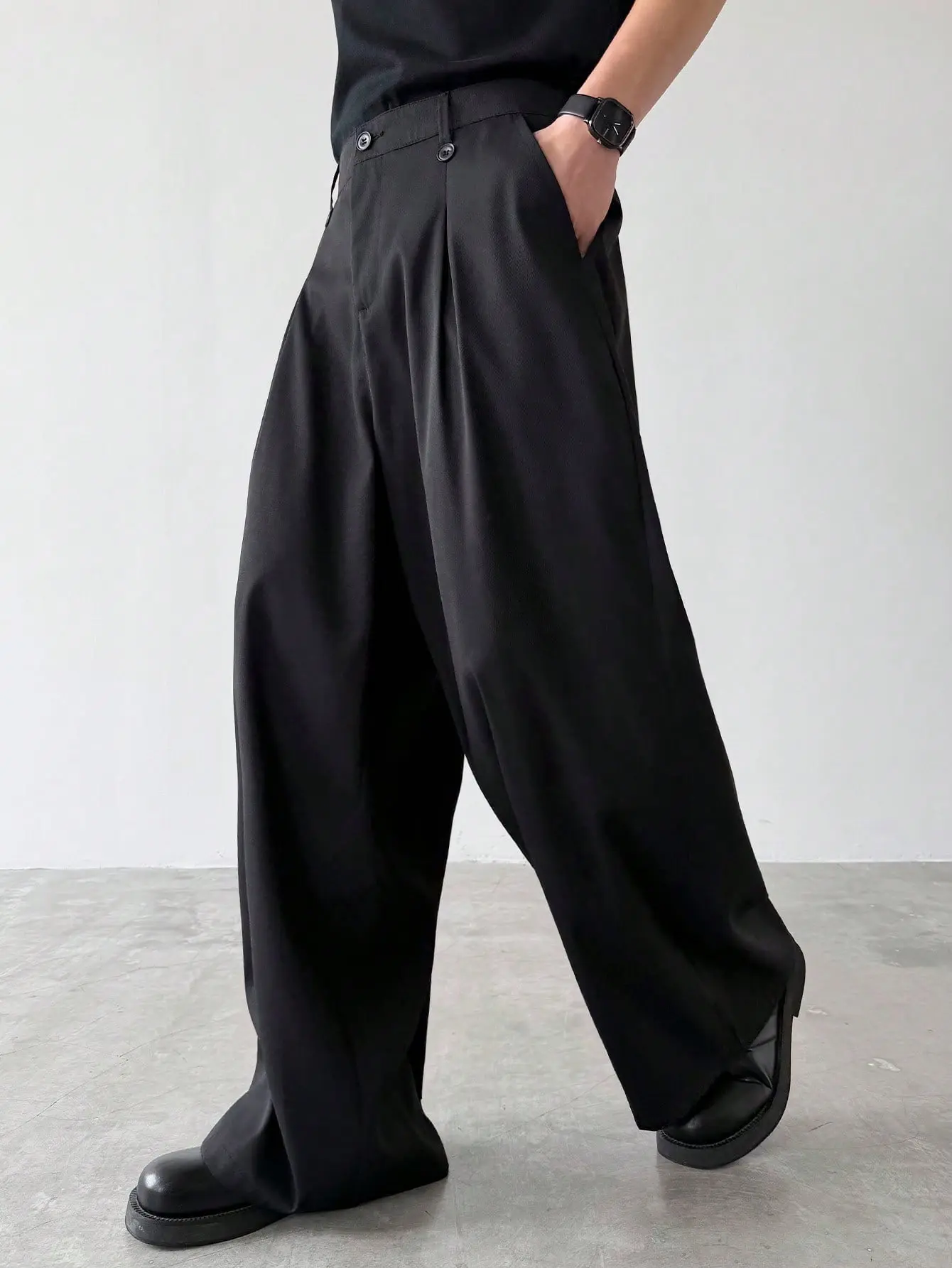 Men's Minimalist Casual Plain Customized Pleated Wide-Leg Pants - Mid Waist, Adjustable Buttons, Drawstring, Loose Fit Elegance for Office, Street Style