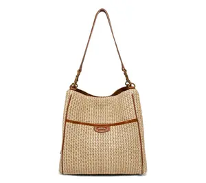 American Leather Co. Austin Triple Entry Raffia Bucket Bag American Leather Co. Austin Triple Entry Raffia Bucket Bag