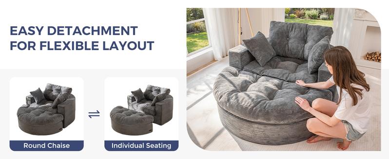 MAXYOYO Oversized Round Chaise Lounge Sofa, Upholstered Lounge Chair with 3 Pillows, Boneless Sofa Couch with Ottoman, Deep Seat Sleeper Chair for Living Room, Bedroom, No Assembly