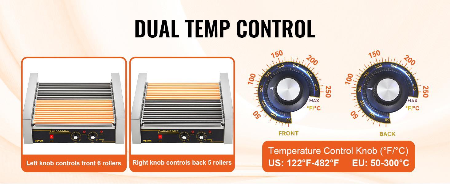 VEVOR Hot Dog Roller,  , 11 Rollers 30 Hot Dogs Capacity, 1650W Stainless Sausage Grill Cooker Machine with Dual Temp Control Glass Hood Acrylic Cover Bun Warmer Shelf Removable Drip Tray, ETL Certified