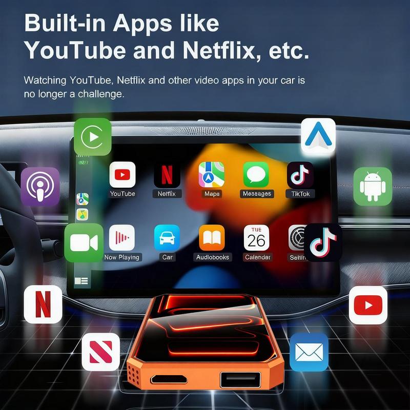 MAKASRI 4-in-1 Wireless CarPlay & Android Auto Adapter, Compatible with Netflix/YouTube/TIKTok/Screen Mirror Link/TF Card,Carplay Ai Box,Plug & Play, Suitable for Cars Equipped with OEM Wired CarPlay