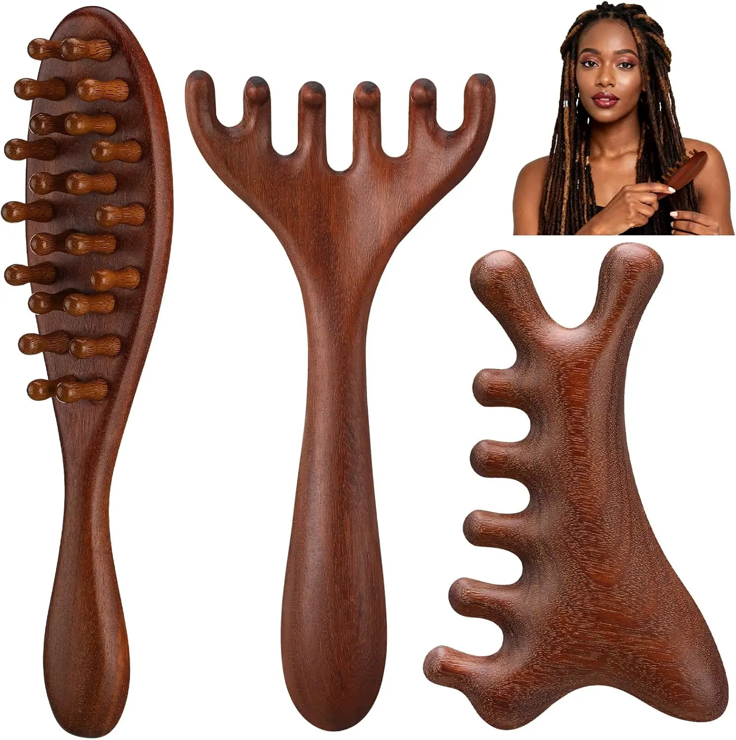 Adults' 3-Pcs Natural Wood Manual Massage Tool Set - Anti-Tangle Teeth Comb, Compact Scratcher, Smooth Brush for Dreadlocks, Scalp Care, Boost Oil Production, Anti-Frizz Beauty Tool