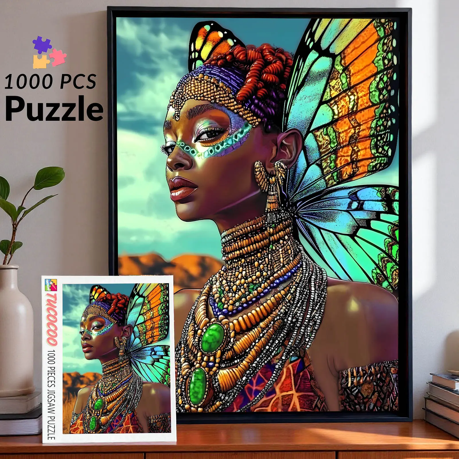 African Butterfly Queen 1000 Piece Jigsaw Puzzle Elegant Black Woman with Vibrant Wings Beaded Jewelry Afro Fantasy Art for Adults Home Decor Gift Idea Eco Friendly Recycled Cardboard Snug Fit Durability Special Milestones Shared Challenge 27.5x20 Inch Ca