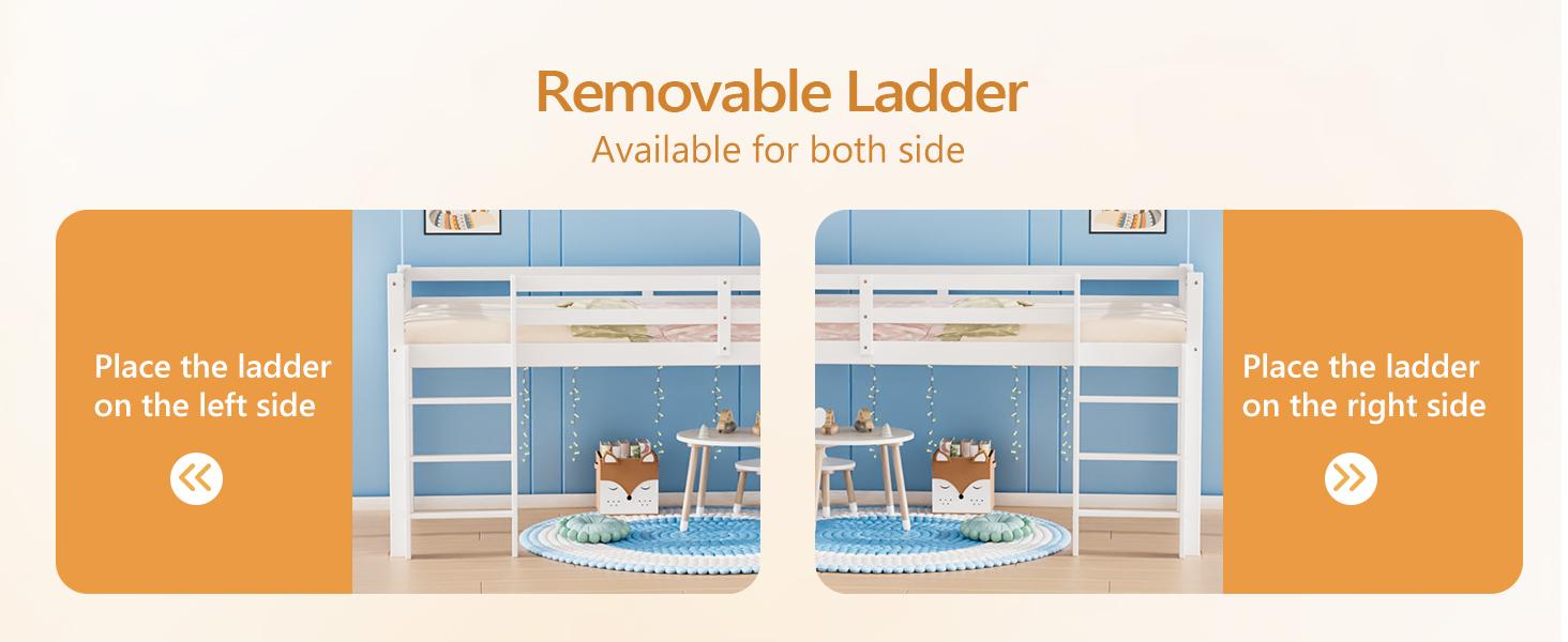 JOYMOR Twin Loft Bed Low Loft Bed Frame for Little Kids Small Room/Low Ceiling Bedrrom with Guardrail and Ladder, White